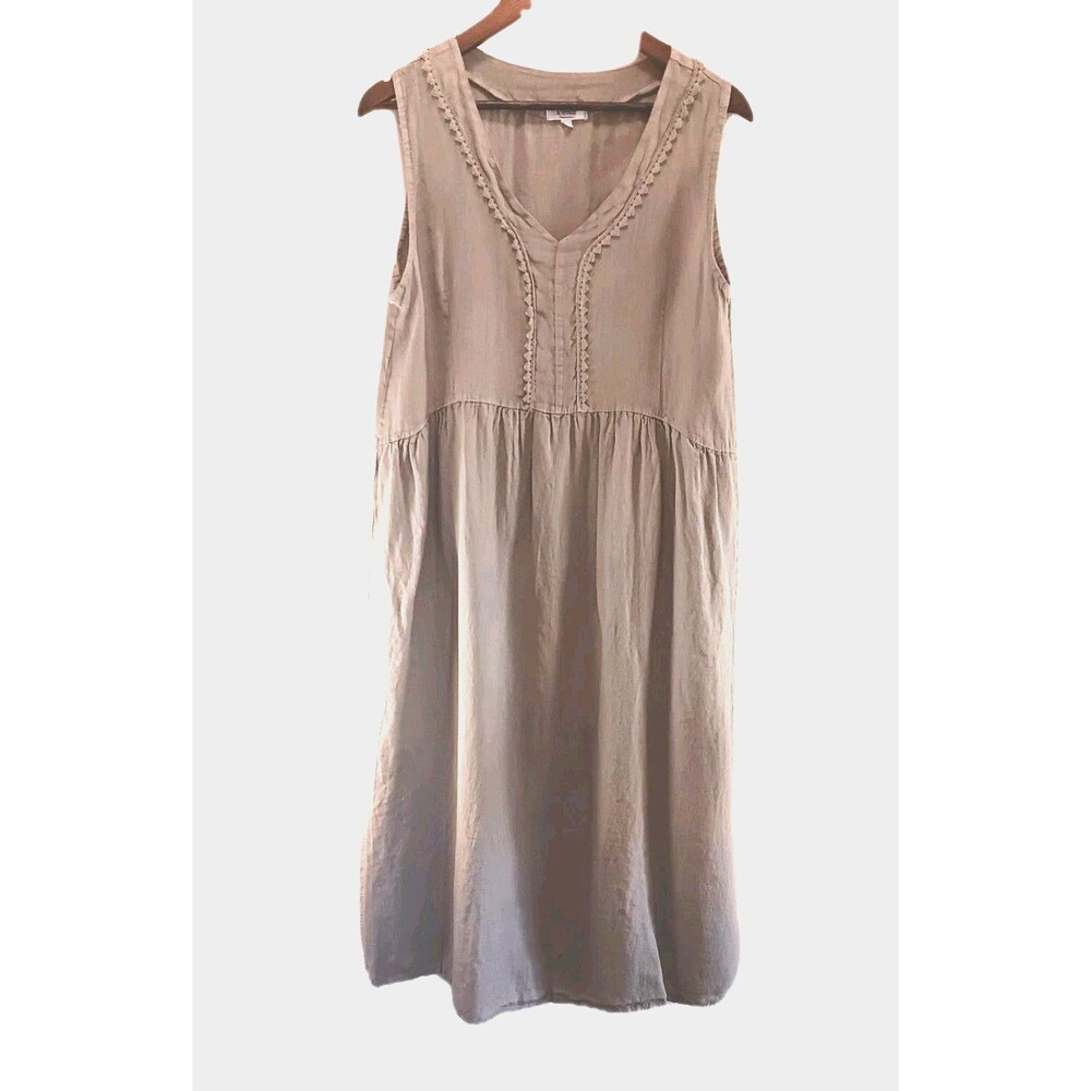ROSEMARINE Made in Italy 100% Linen Midi Dress Taupe Lace Trim Sleeveless L